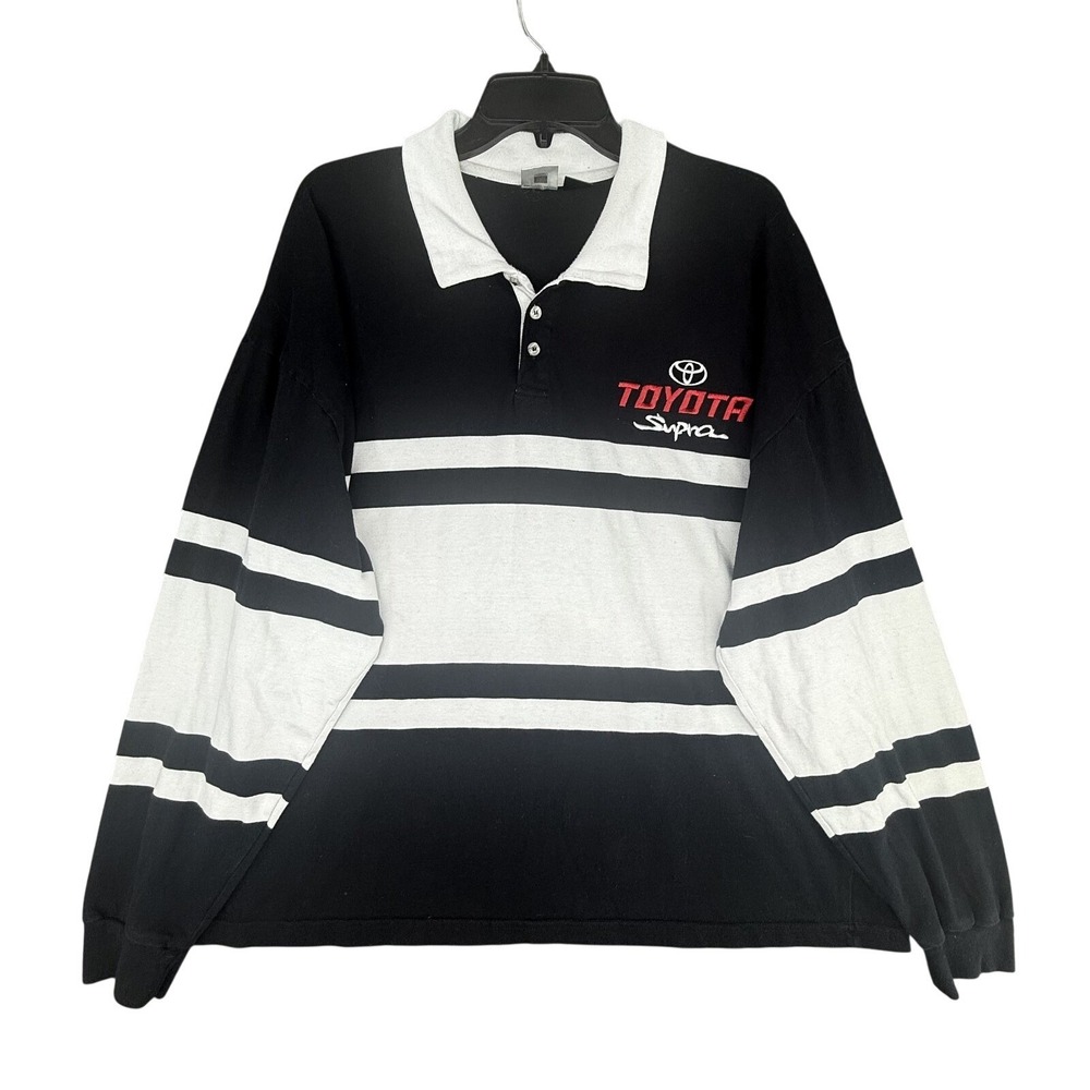 Toyota Supra Rugby Polo Shirt Mens XL Black White Striped Embroidered Vintage